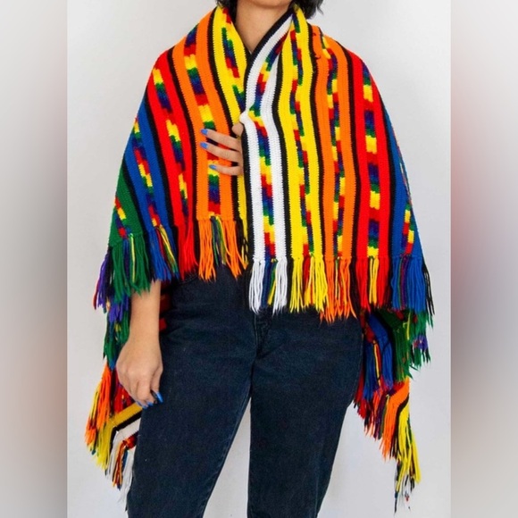 80s handmade rainbow fringe blanket - Picture 1 of 7
